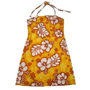 90s Venus Girl Trap Halter Dress Small Floral Hibiscus Yellow Orange Made USA